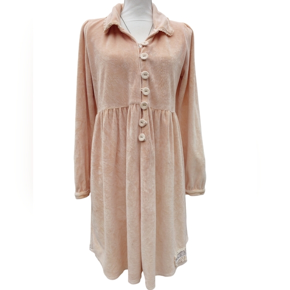 JDL Coat Duster Mottled Pink Velvet Medium Button Front Floral Crewel Work Back - Picture 2 of 15